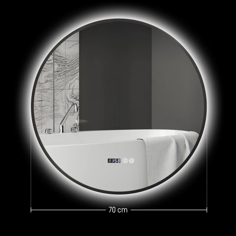 Miroir de salle de bain rond éclairage réglable tactile 70 x 70 x 3 cm anti-buée mémoire moderne épuré en verre noir 21_0002067
