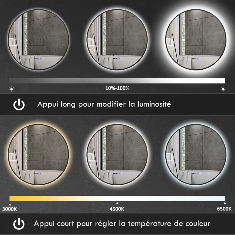 Miroir de salle de bain rond éclairage réglable tactile 70 x 70 x 3 cm anti-buée mémoire moderne épuré en verre noir 21_0002067