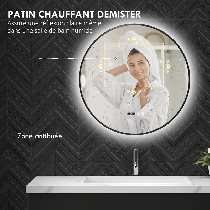 Miroir de salle de bain rond éclairage réglable tactile 70 x 70 x 3 cm anti-buée mémoire moderne épuré en verre noir 21_0002067