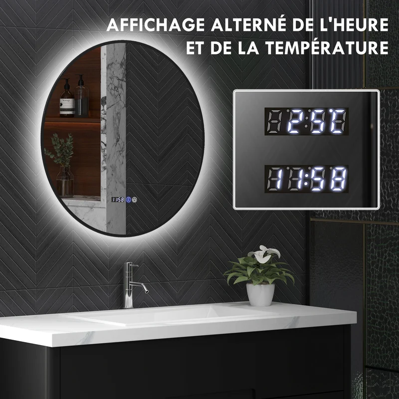 Miroir de salle de bain rond éclairage réglable tactile 70 x 70 x 3 cm anti-buée mémoire moderne épuré en verre noir 21_0002067