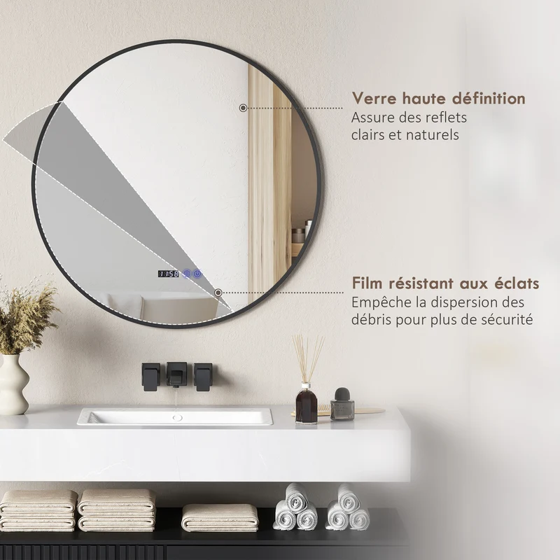 Miroir de salle de bain rond éclairage réglable tactile 70 x 70 x 3 cm anti-buée mémoire moderne épuré en verre noir 21_0002067