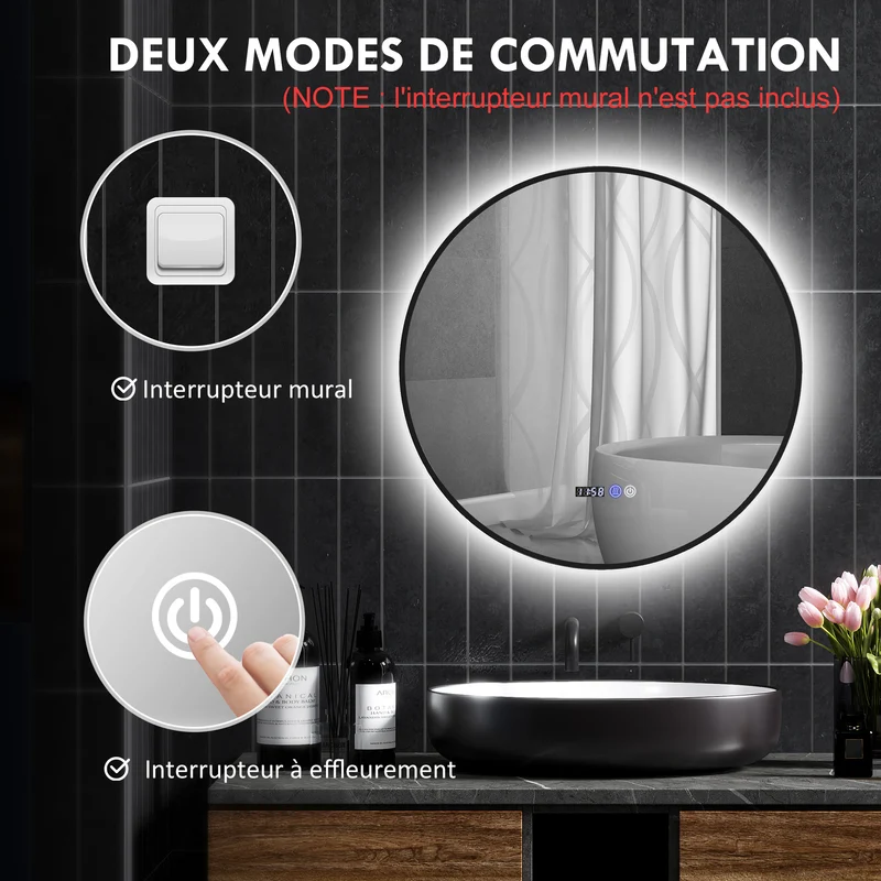 Miroir de salle de bain rond éclairage réglable tactile 70 x 70 x 3 cm anti-buée mémoire moderne épuré en verre noir 21_0002067