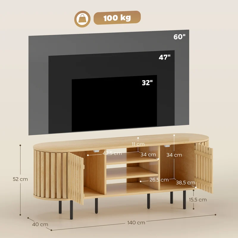 Meuble télévision scandinave plateau ovale 140 x 40 x 52 cm rangement ventilé 3 étagères 2 placards en MDF bois naturel 21_0003567