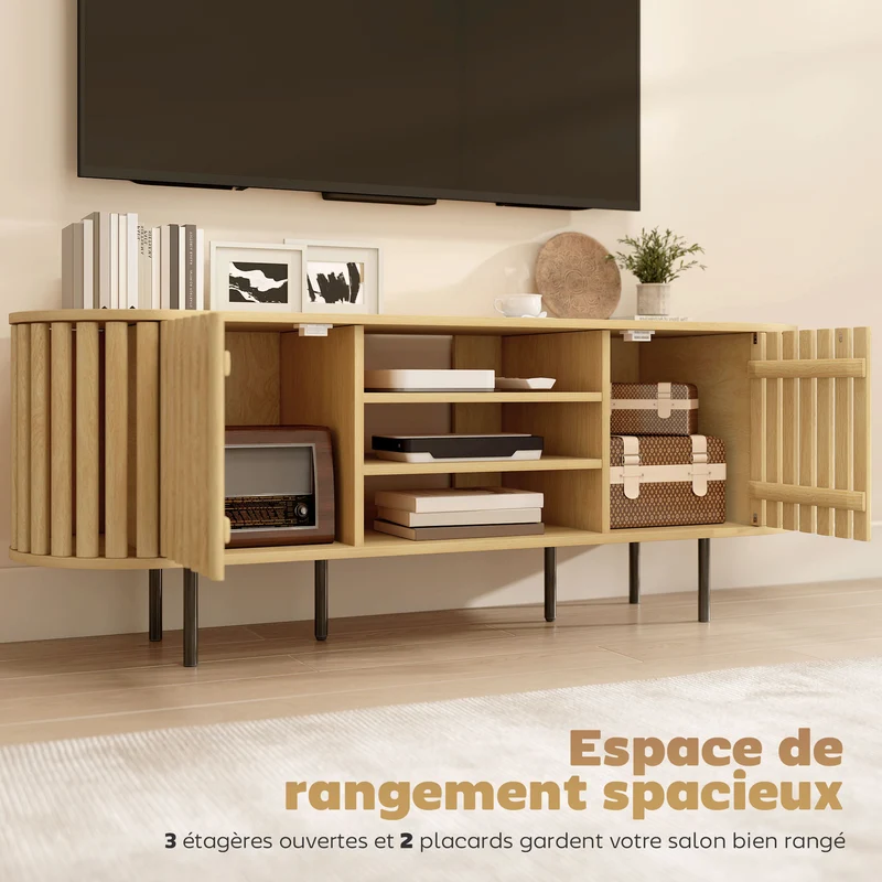 Meuble télévision scandinave plateau ovale 140 x 40 x 52 cm rangement ventilé 3 étagères 2 placards en MDF bois naturel 21_0003567