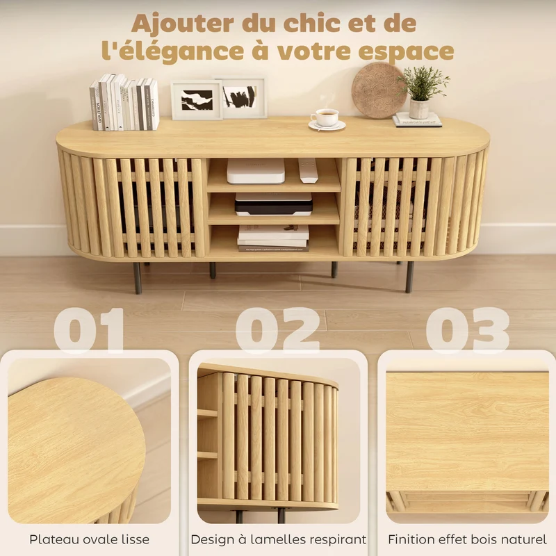 Meuble télévision scandinave plateau ovale 140 x 40 x 52 cm rangement ventilé 3 étagères 2 placards en MDF bois naturel 21_0003567