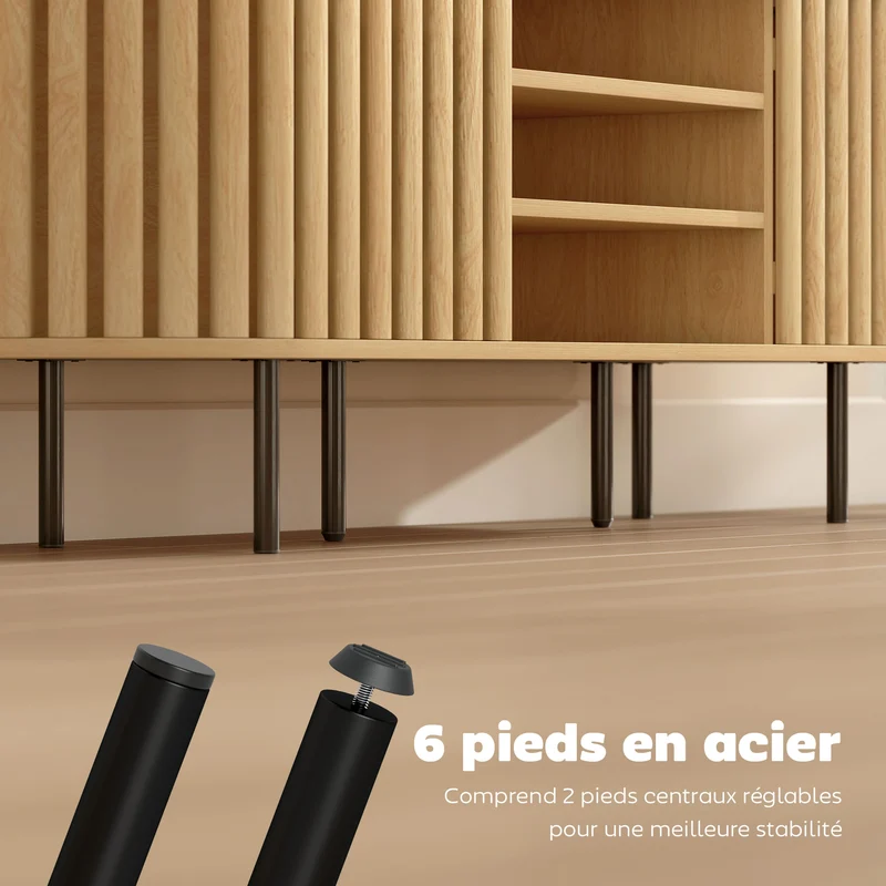 Meuble télévision scandinave plateau ovale 140 x 40 x 52 cm rangement ventilé 3 étagères 2 placards en MDF bois naturel 21_0003567