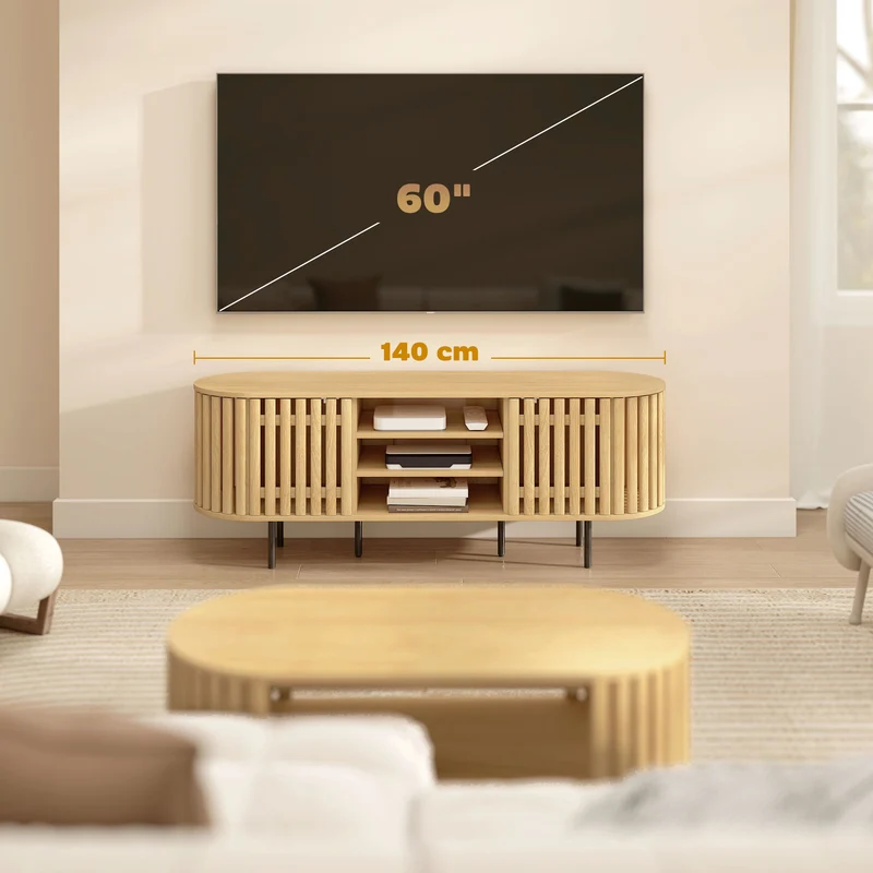 Meuble télévision scandinave plateau ovale 140 x 40 x 52 cm rangement ventilé 3 étagères 2 placards en MDF bois naturel 21_0003567