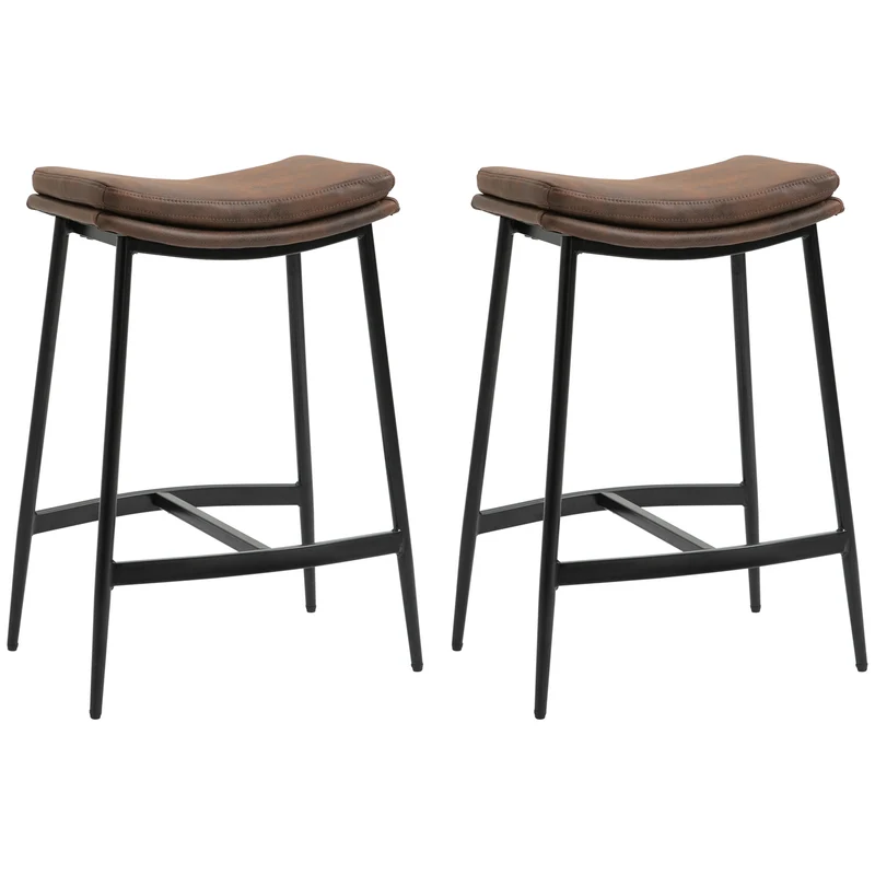 Lot de 2 tabourets de bar assise incurvée rembourrée 48,5 x 38,5 x 68,5 cm repose-pieds industriel en microfibre marron 21_0002360