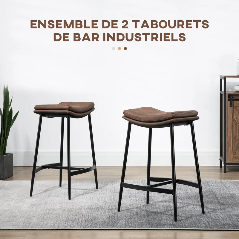 Lot de 2 tabourets de bar assise incurvée rembourrée 48,5 x 38,5 x 68,5 cm repose-pieds industriel en microfibre marron 21_0002360