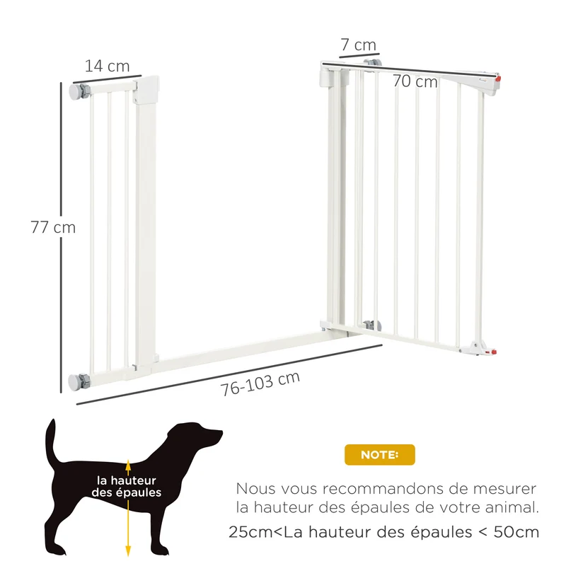 Lot de 2 barrières de sécurité pour portes escaliers 76-103 x 77 x 4,2 cm fermeture automatique moderne en acier blanc 21_0007499
