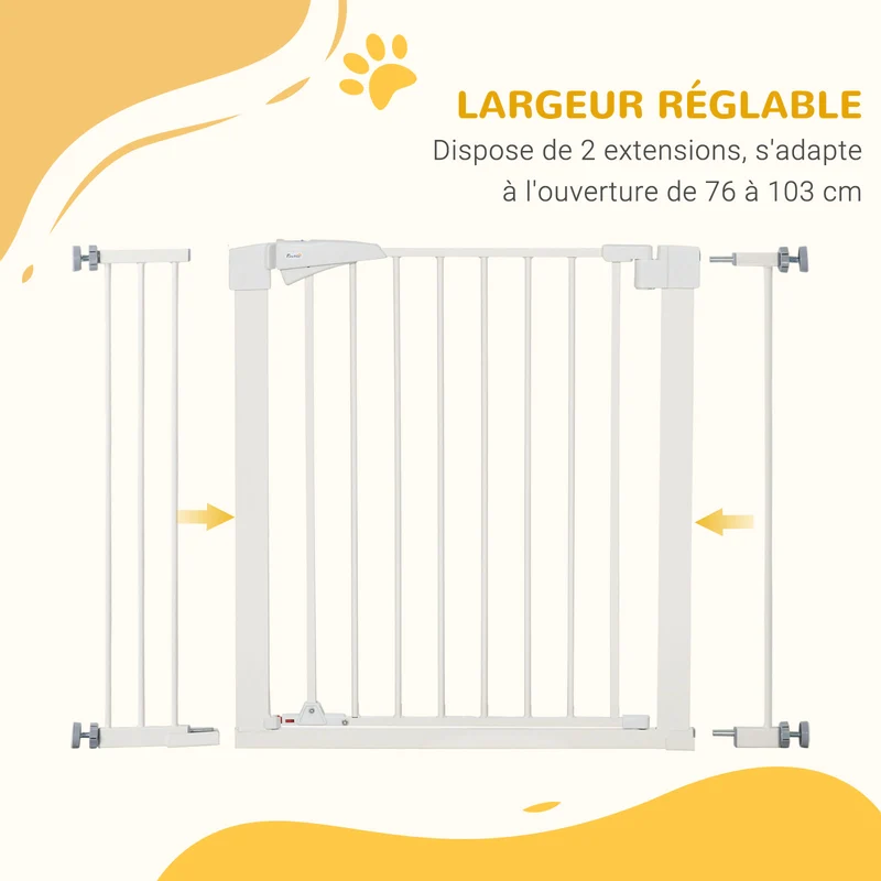 Lot de 2 barrières de sécurité pour portes escaliers 76-103 x 77 x 4,2 cm fermeture automatique moderne en acier blanc 21_0007499