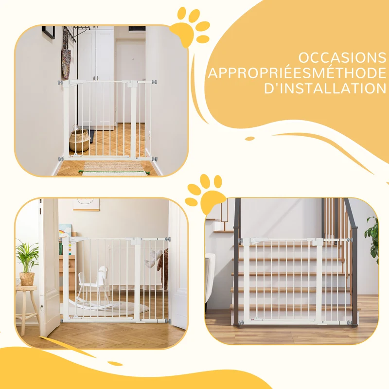 Lot de 2 barrières de sécurité pour portes escaliers 76-103 x 77 x 4,2 cm fermeture automatique moderne en acier blanc 21_0007499