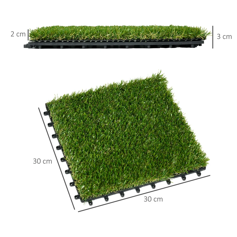 Lot de 10 dalles de gazon synthétique emboîtables terrasse balcon 30 x 30 x 3 cm confort drainant tendance en PP vert 21_0003918