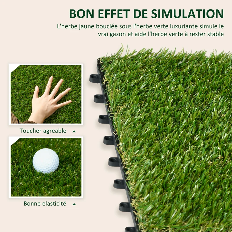 Lot de 10 dalles de gazon synthétique emboîtables terrasse balcon 30 x 30 x 3 cm confort drainant tendance en PP vert 21_0003918