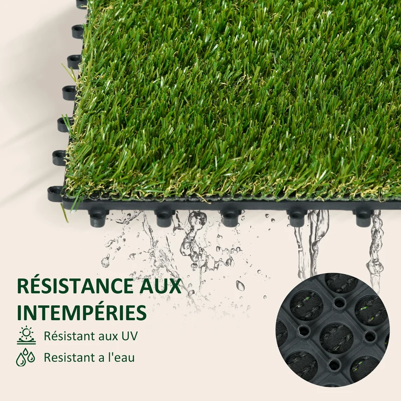 Lot de 10 dalles de gazon synthétique emboîtables terrasse balcon 30 x 30 x 3 cm confort drainant tendance en PP vert 21_0003918