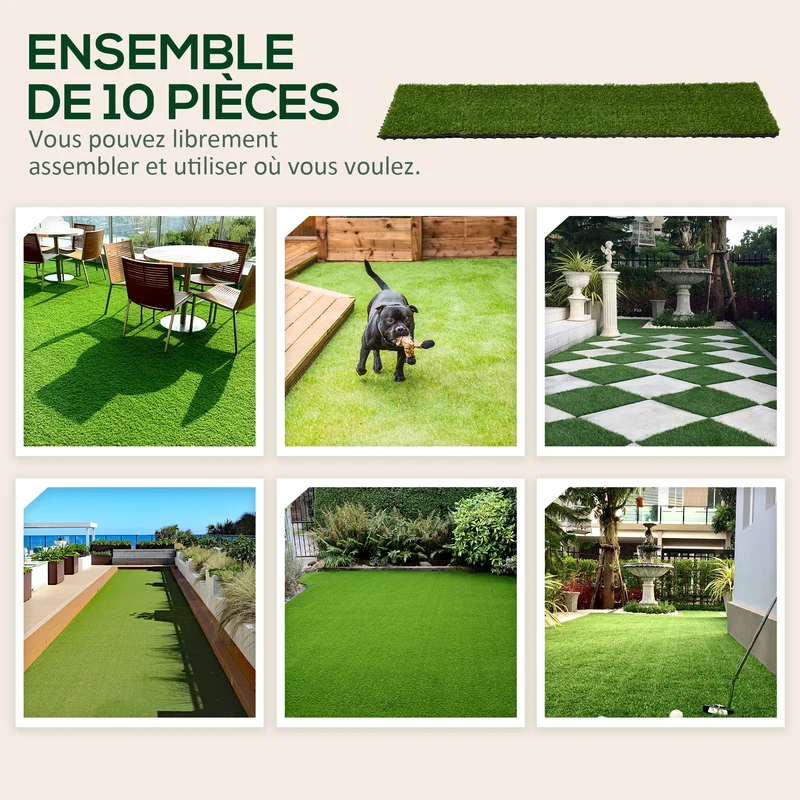 Lot de 10 dalles de gazon synthétique emboîtables terrasse balcon 30 x 30 x 3 cm confort drainant tendance en PP vert 21_0003918