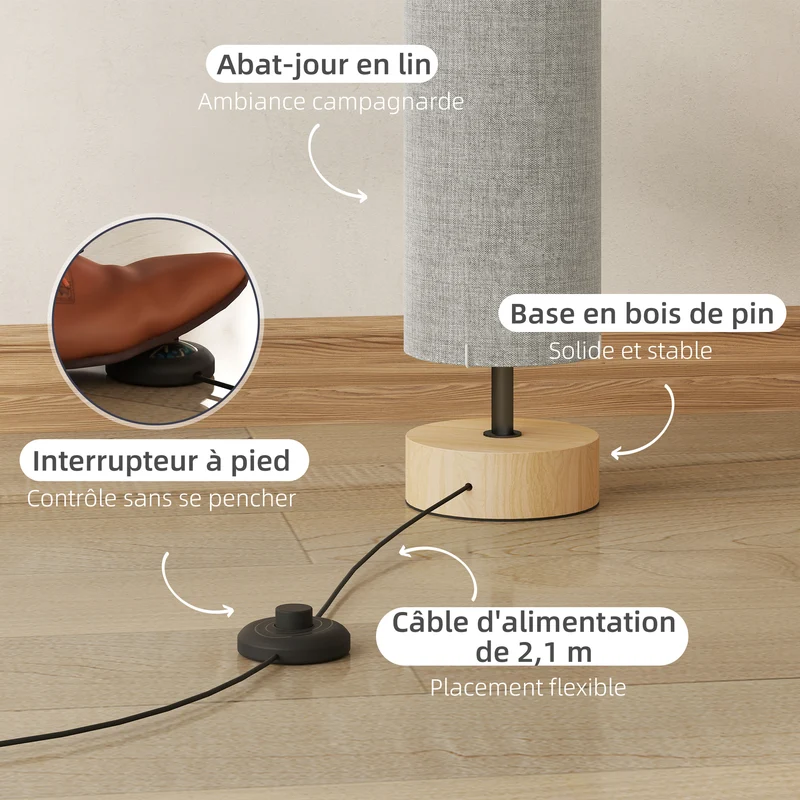 Lampadaire sur pied salon 15 x 15 x 120 cm éclairage tamisé interrupteur au pied design scandinave cosy en lin gris 21_0007005