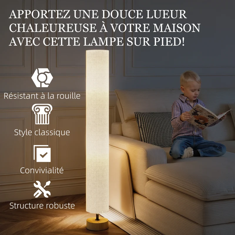 Lampadaire sur pied salon 15 x 15 x 120 cm éclairage tamisé interrupteur au pied design scandinave cosy en lin gris 21_0007005