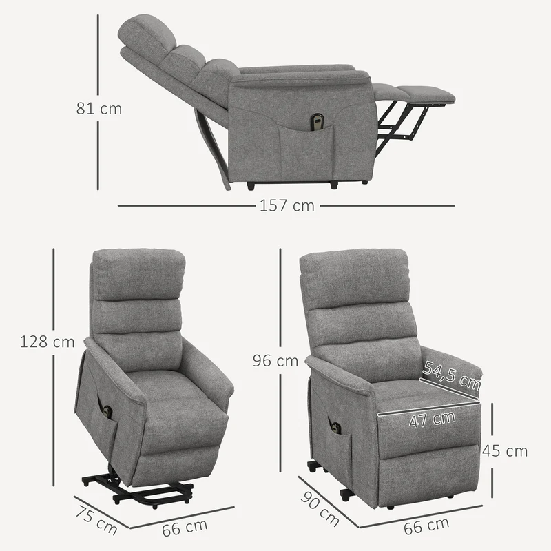 Fauteuil releveur électrique 66 x 90 x 96 cm télécommande et assise moelleuse contemporain moderne en polyester gris 21_0000863