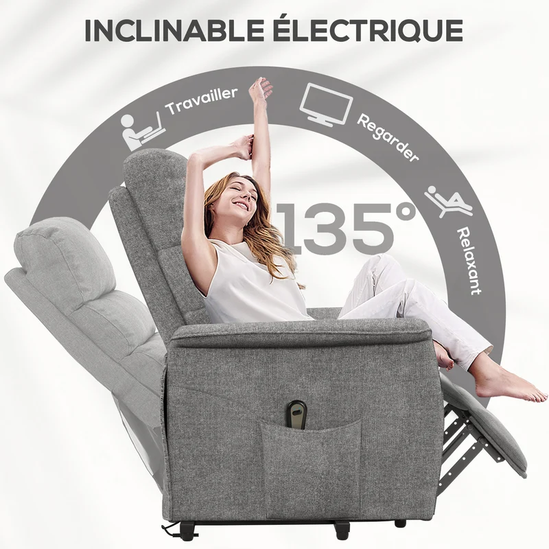 Fauteuil releveur électrique 66 x 90 x 96 cm télécommande et assise moelleuse contemporain moderne en polyester gris 21_0000863