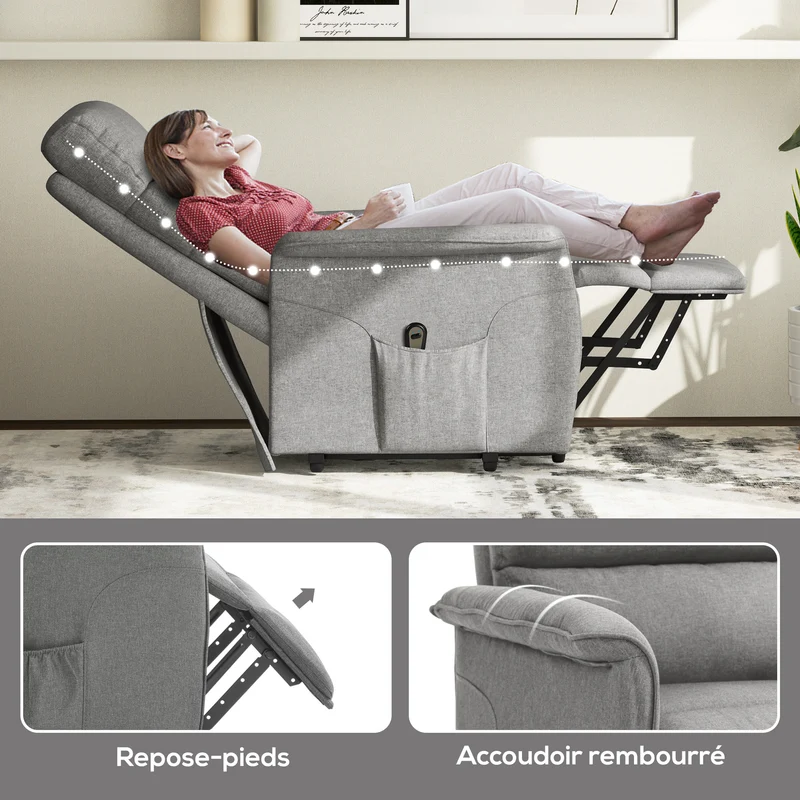 Fauteuil releveur électrique 66 x 90 x 96 cm télécommande et assise moelleuse contemporain moderne en polyester gris 21_0000863
