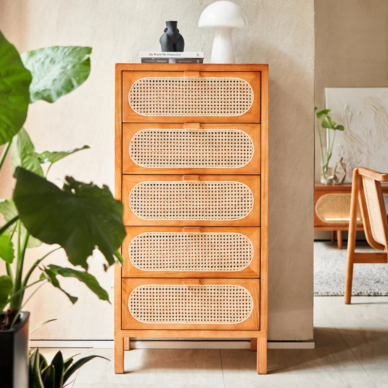 Traditional Chinese Ash Wood Solid Wood Multi-Layer Board Woven Rattan Rectangular Storage Cabinet 5/8 Drawers For Living Room