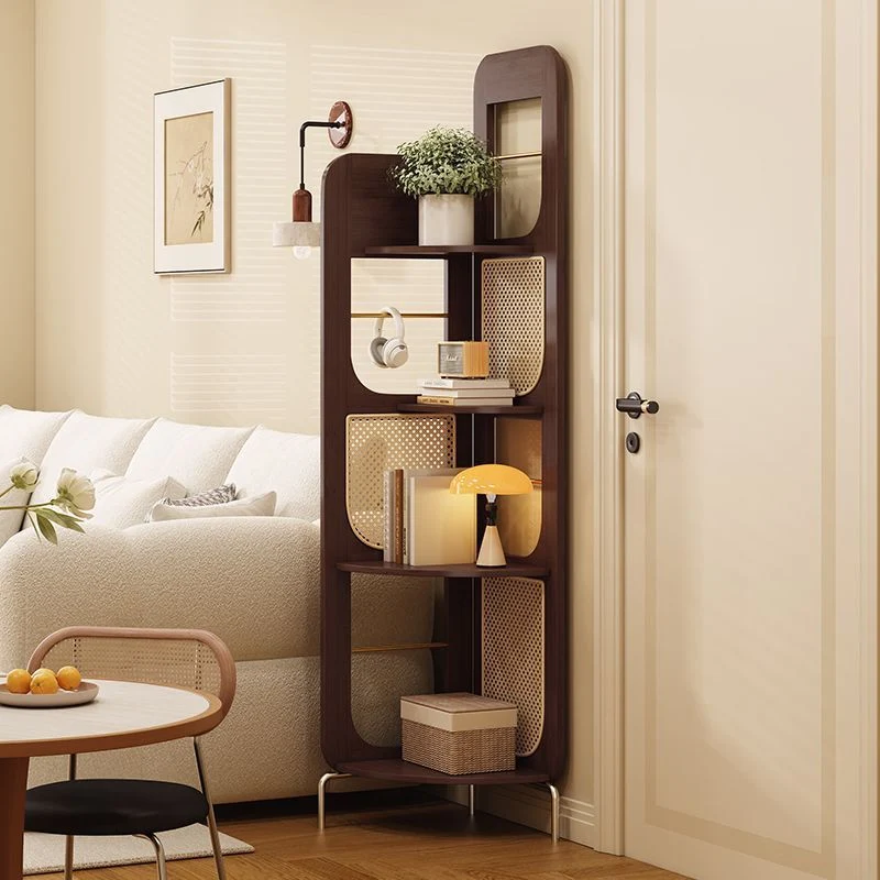Traditional Chinese Bamboo Rattan Stainless Steel Right Angle Square Arched Storage Shelf 4-Tier For Living Room