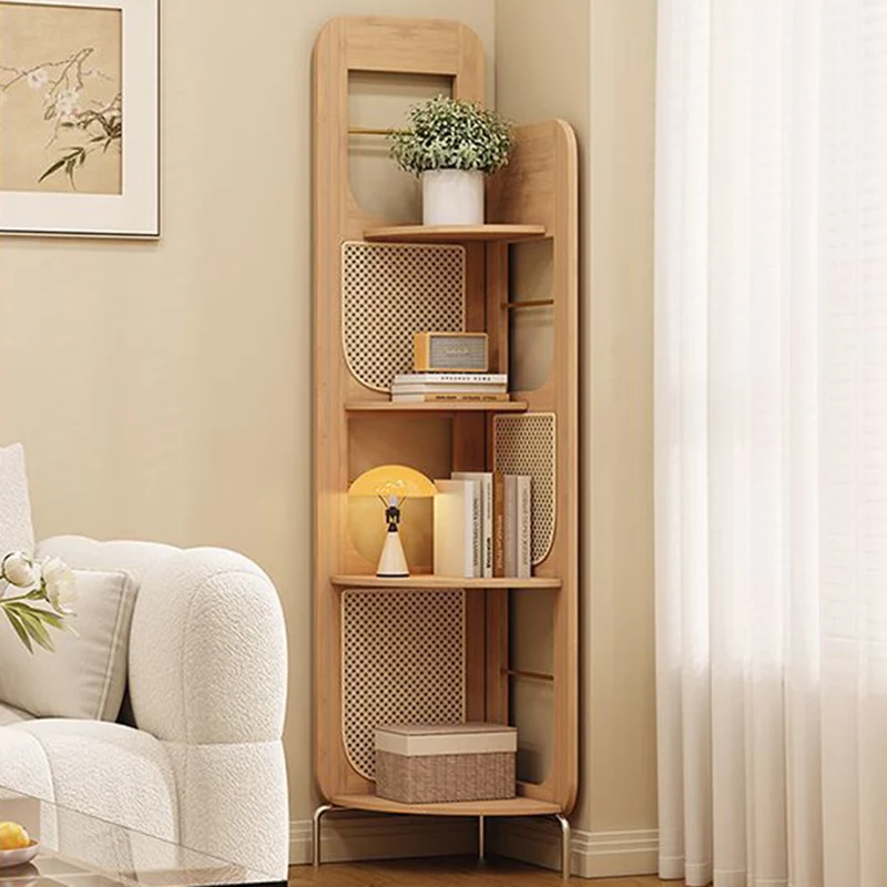 Traditional Chinese Bamboo Rattan Stainless Steel Right Angle Square Arched Storage Shelf 4-Tier For Living Room