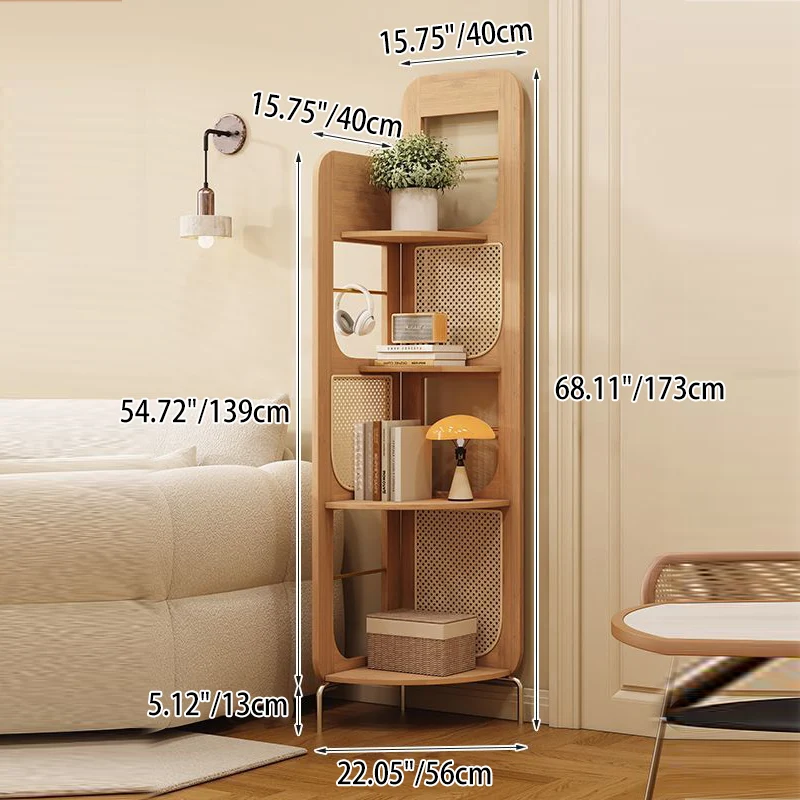 Traditional Chinese Bamboo Rattan Stainless Steel Right Angle Square Arched Storage Shelf 4-Tier For Living Room