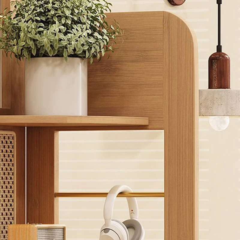 Traditional Chinese Bamboo Rattan Stainless Steel Right Angle Square Arched Storage Shelf 4-Tier For Living Room