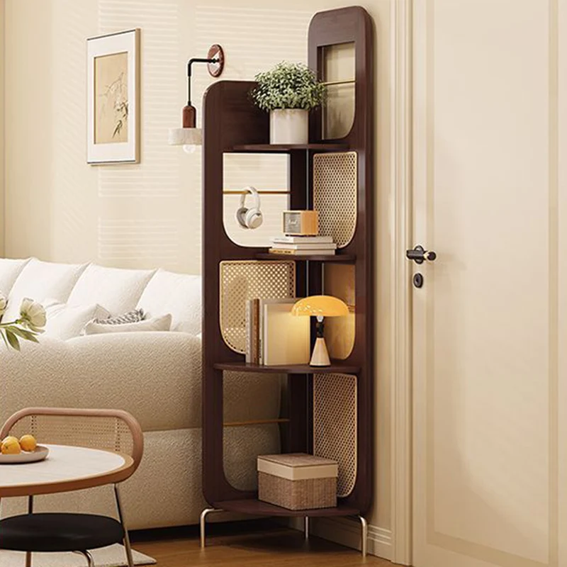 Traditional Chinese Bamboo Rattan Stainless Steel Right Angle Square Arched Storage Shelf 4-Tier For Living Room