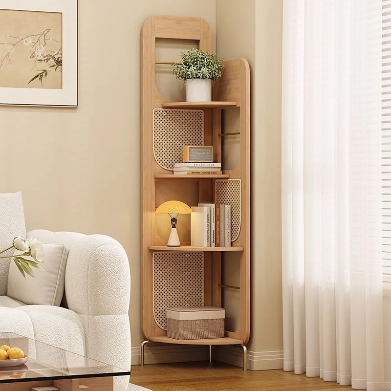 Traditional Chinese Bamboo Rattan Stainless Steel Right Angle Square Arched Storage Shelf 4-Tier For Living Room