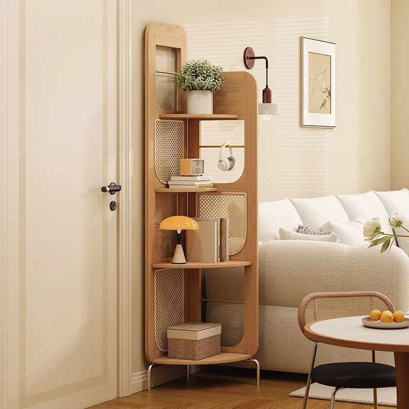 Traditional Chinese Bamboo Rattan Stainless Steel Right Angle Square Arched Storage Shelf 4-Tier For Living Room