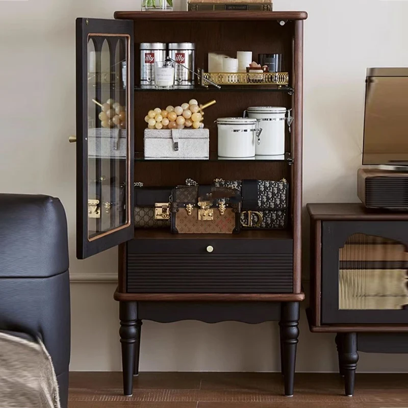 Traditional French Oak Wood Glass Cylindrical Rectangular Storage Cabinet 3 Tier For Living Room