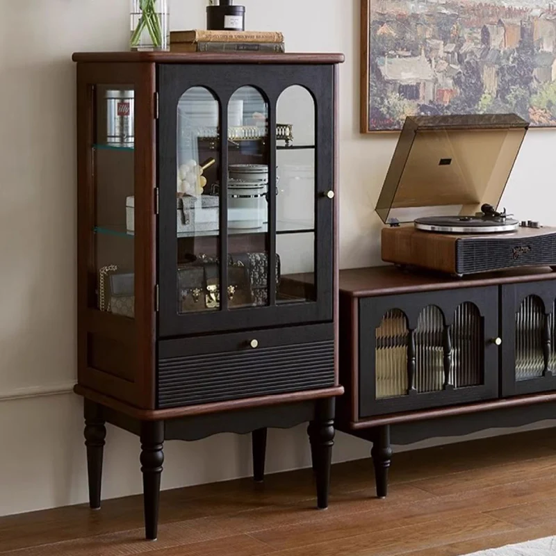 Traditional French Oak Wood Glass Cylindrical Rectangular Storage Cabinet 3 Tier For Living Room