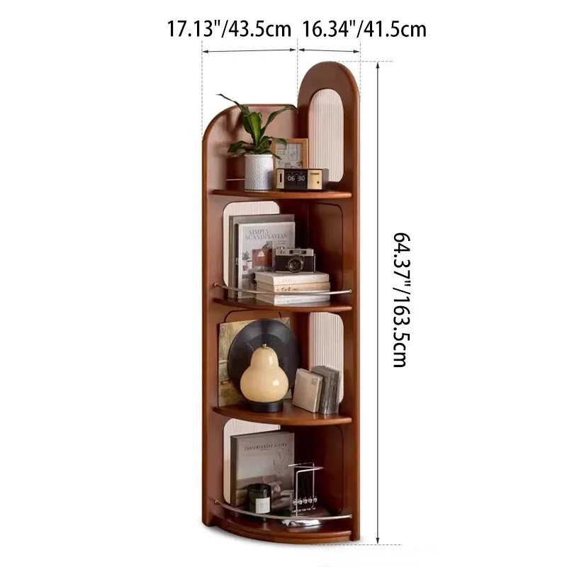 Contemporary Retro Fan-shaped Boxwood Pine Wood Glass Stainless Steel Corner Shelf Unit 4-Tier For Living Room