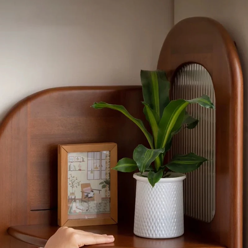 Contemporary Retro Fan-shaped Boxwood Pine Wood Glass Stainless Steel Corner Shelf Unit 4-Tier For Living Room