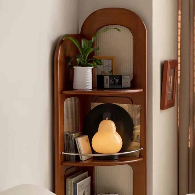 Contemporary Retro Fan-shaped Boxwood Pine Wood Glass Stainless Steel Corner Shelf Unit 4-Tier For Living Room