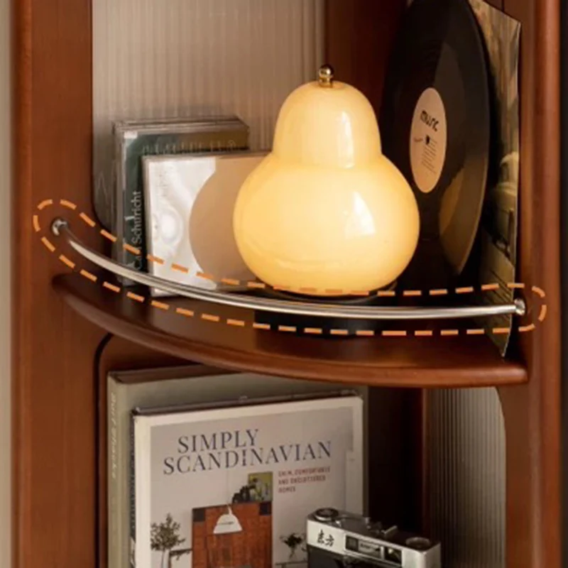 Contemporary Retro Fan-shaped Boxwood Pine Wood Glass Stainless Steel Corner Shelf Unit 4-Tier For Living Room