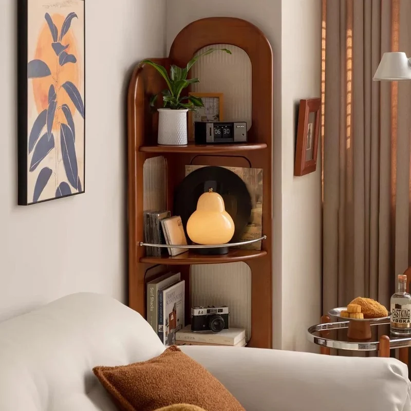 Contemporary Retro Fan-shaped Boxwood Pine Wood Glass Stainless Steel Corner Shelf Unit 4-Tier For Living Room