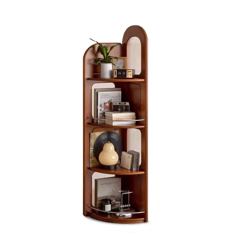 Contemporary Retro Fan-shaped Boxwood Pine Wood Glass Stainless Steel Corner Shelf Unit 4-Tier For Living Room
