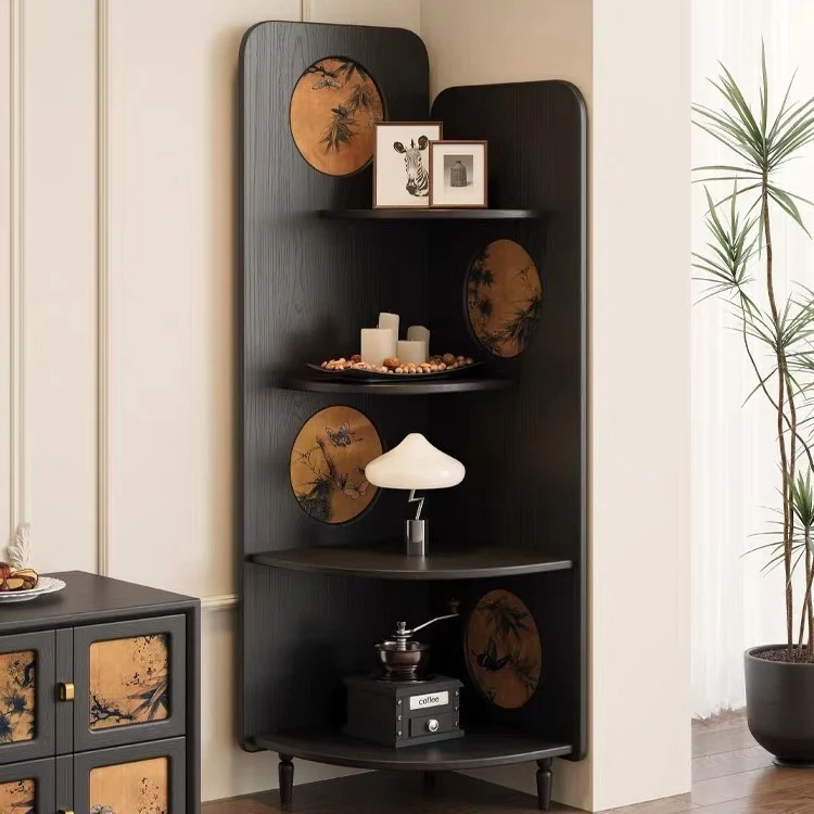 Modern Mid-century Fan-shaped Rubberwood Ash Wood Xiangyun Silk Corner Shelf Unit 4-Tier For Living Room