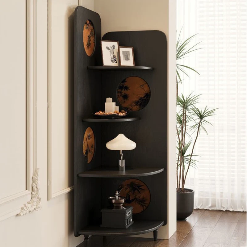 Modern Mid-century Fan-shaped Rubberwood Ash Wood Xiangyun Silk Corner Shelf Unit 4-Tier For Living Room