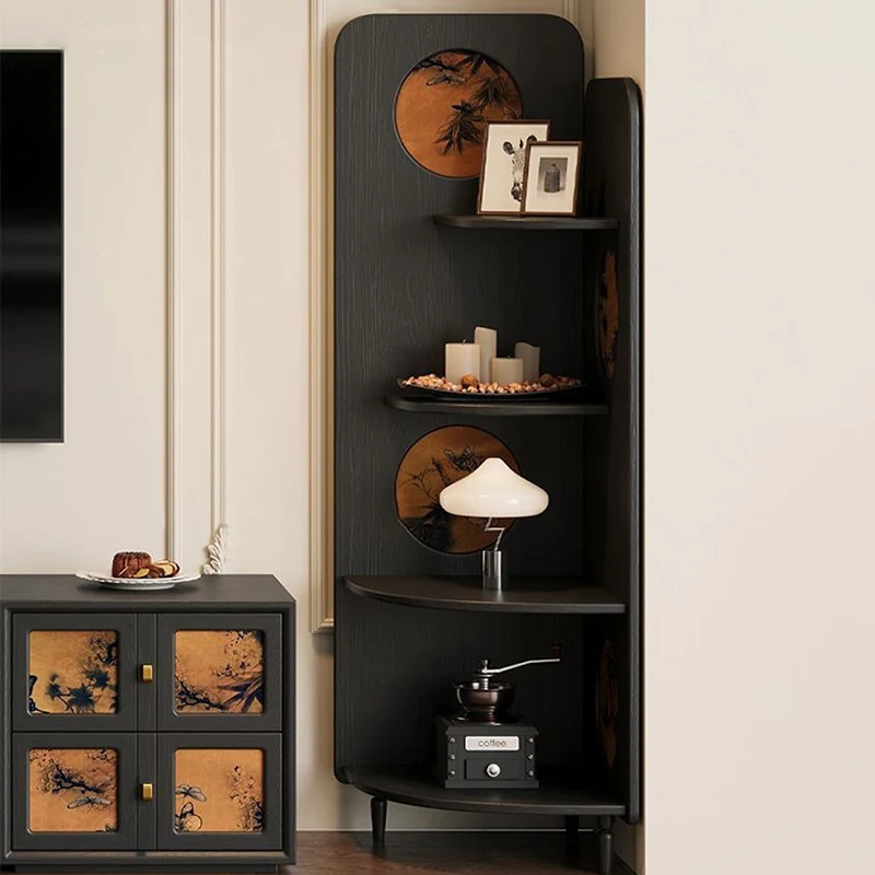 Modern Mid-century Fan-shaped Rubberwood Ash Wood Xiangyun Silk Corner Shelf Unit 4-Tier For Living Room