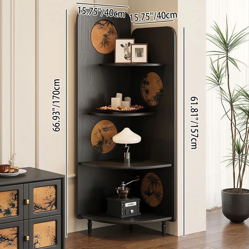 Modern Mid-century Fan-shaped Rubberwood Ash Wood Xiangyun Silk Corner Shelf Unit 4-Tier For Living Room