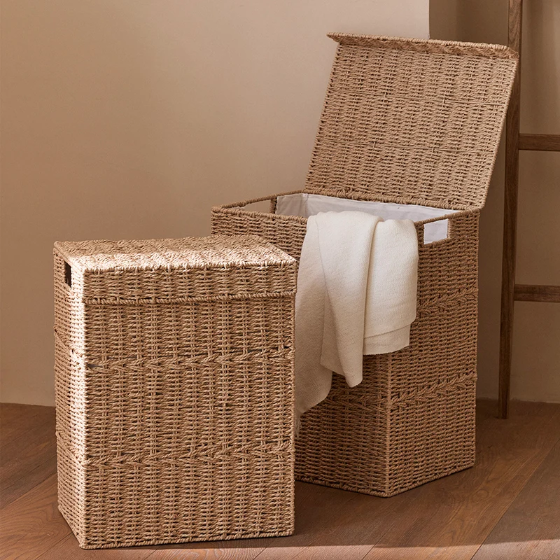 Traditional Japanese Rectangular Handmade Paper Rope Steel Storage Basket Cabinet 1-Storage For Living Room & Bedroom