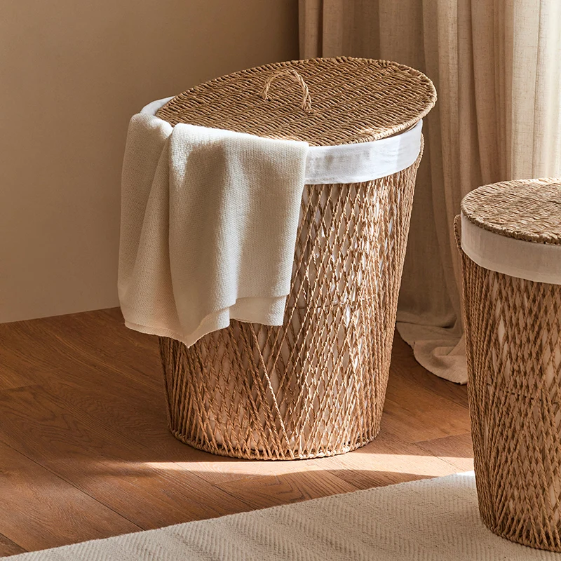 Traditional Japanese Cylindrical Handmade Paper Rope Steel Storage Basket Cabinet 1-Storage For Living Room & Bedroom