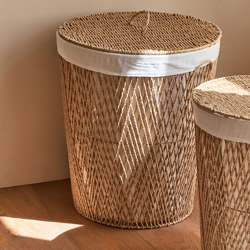 Traditional Japanese Cylindrical Handmade Paper Rope Steel Storage Basket Cabinet 1-Storage For Living Room & Bedroom