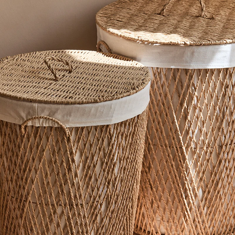 Traditional Japanese Cylindrical Handmade Paper Rope Steel Storage Basket Cabinet 1-Storage For Living Room & Bedroom