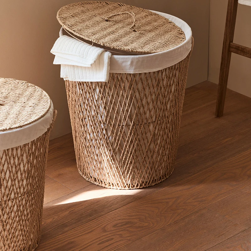 Traditional Japanese Cylindrical Handmade Paper Rope Steel Storage Basket Cabinet 1-Storage For Living Room & Bedroom